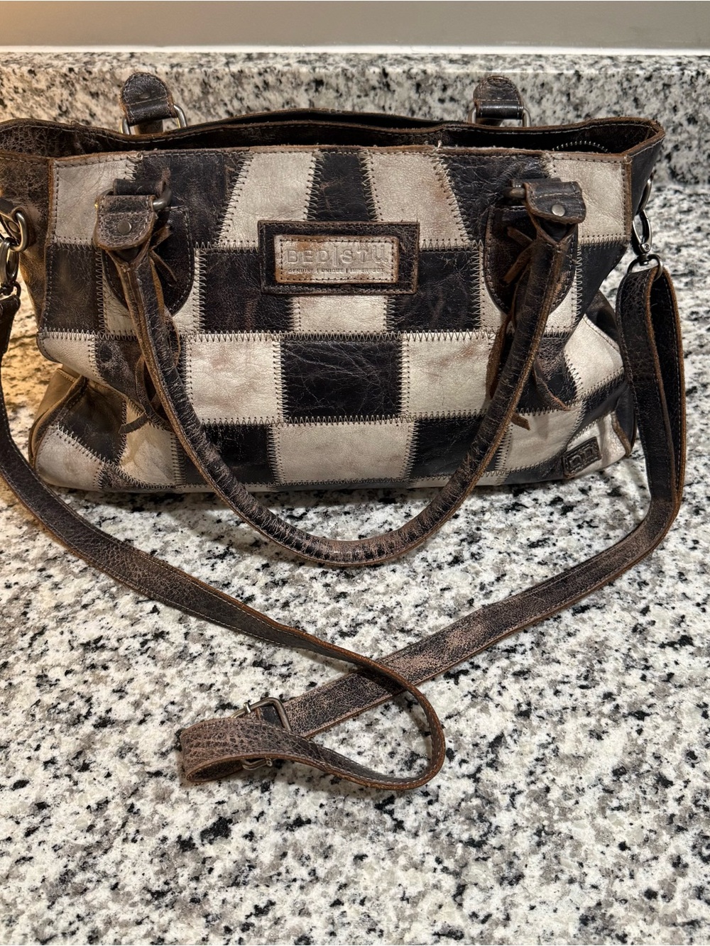 Bed Stu Rockababy Black and White Checker Leather Crossbody Satchel - Picture 10 of 15